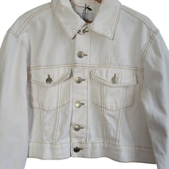 NEW ZARA White Contrast Topstitching Denim Jacket Turn-up Sleeves XS Boho Beachy - Picture 2 of 11